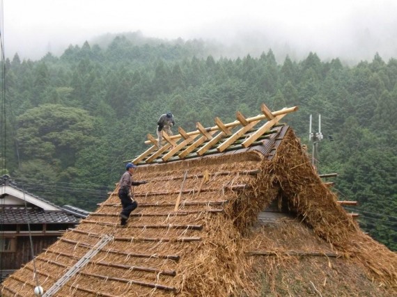 茅葺き屋根に「棟木」があがりました