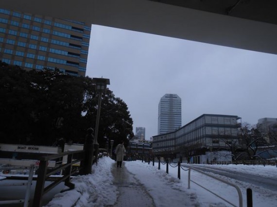 ホテルからの歩道　（人一人が通れる分だけ除雪されていました）